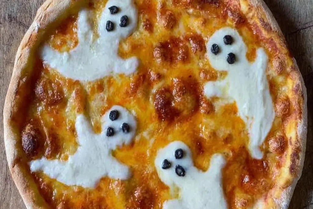 Halloween PIZZA GHOSTS topped with melted mozzarella ghosts with black-olive eyes on a golden, bubbly cheese crust.