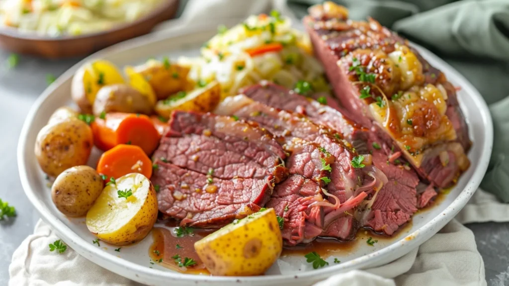 Sliced corned beef served with carrots, red potatoes, and cabbage on a plate with cooking juices.