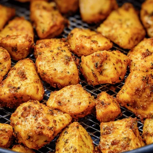 Close-up of golden, seasoned Air Fryer Chicken Bites cooking on a wire rack in a dark air fryer basket.