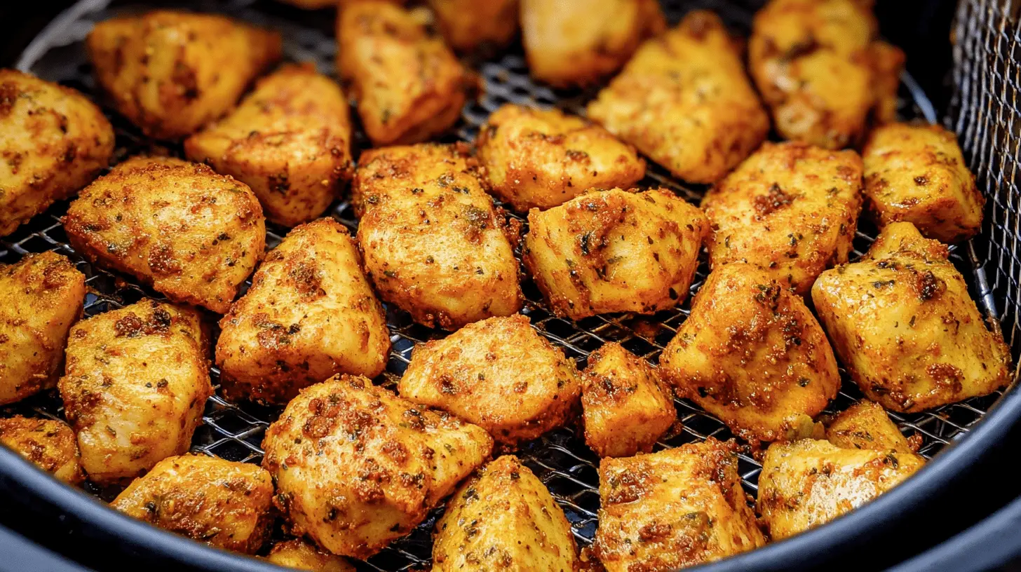 Close-up of golden, seasoned Air Fryer Chicken Bites cooking on a wire rack in a dark air fryer basket.