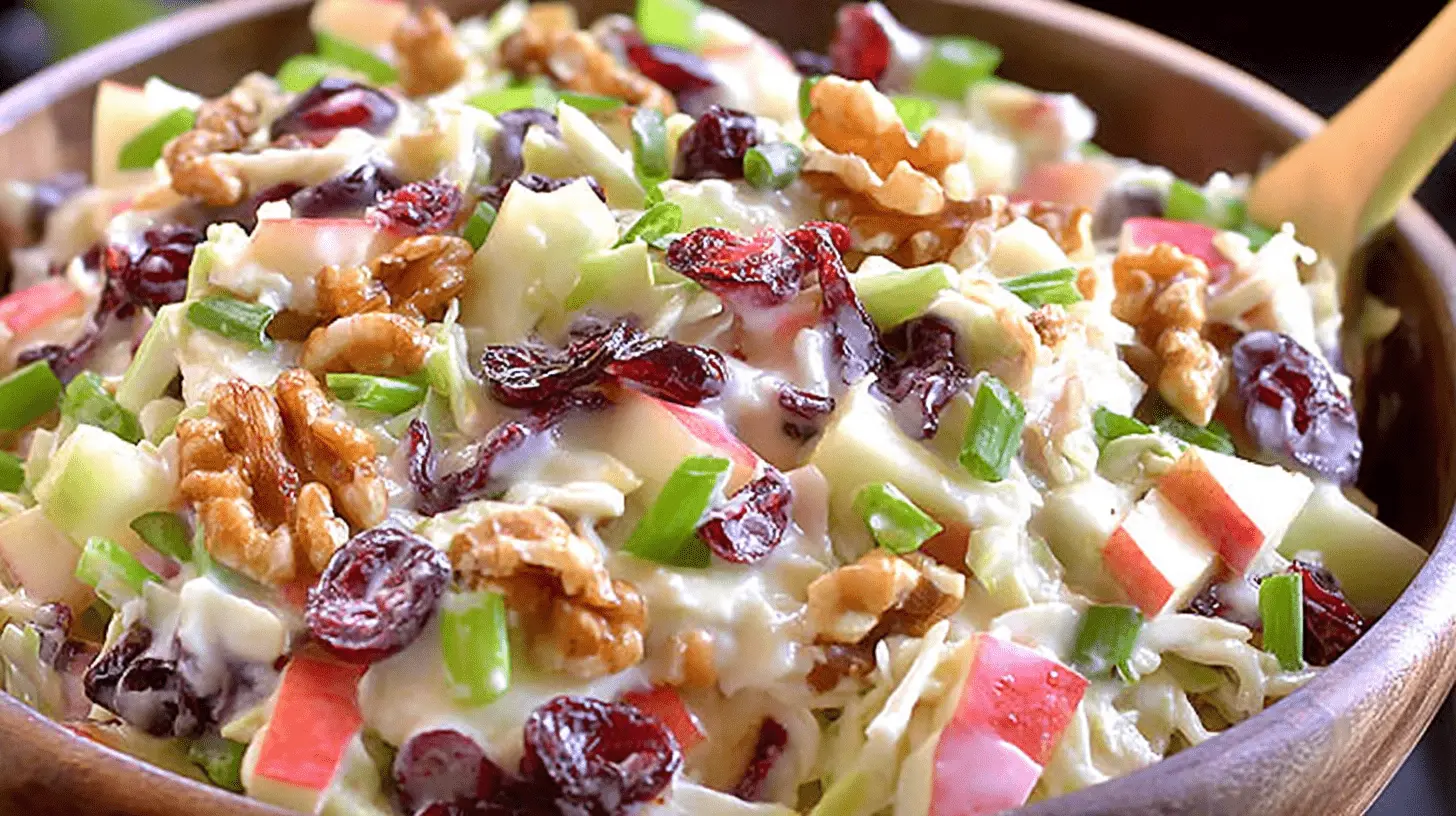 Vibrant Apple Cranberry Coleslaw in a rustic wooden bowl, featuring crisp apples, tart cranberries, crunchy walnuts, and green onions in a creamy dressing.