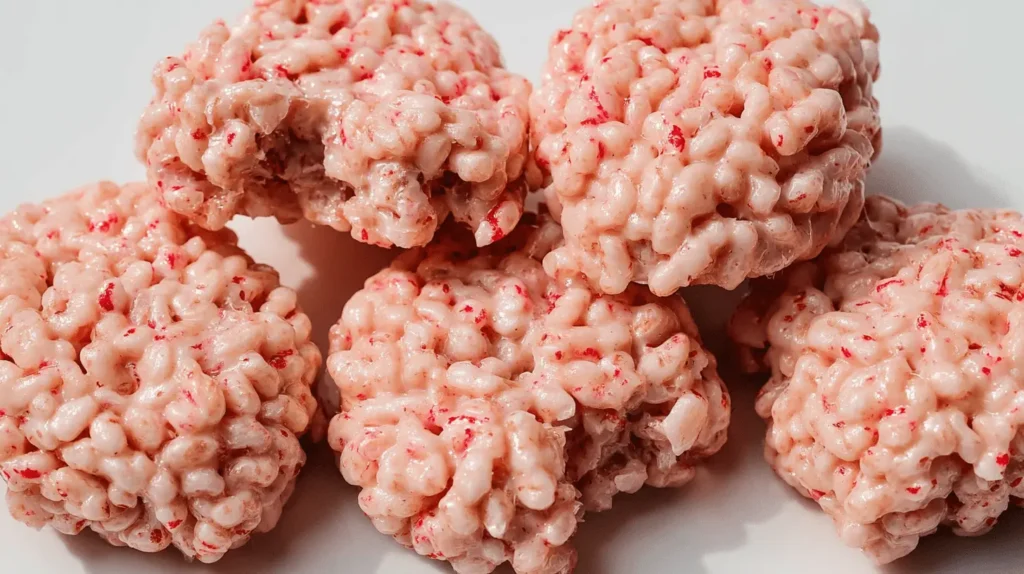 Close-up of pink, textured Marshmallow Rice Krispies Halloween Brains, speckled with red, on a white surface.