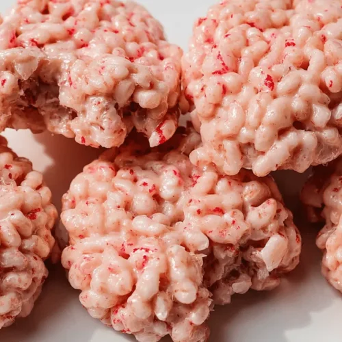 Close-up of pink, textured Marshmallow Rice Krispies Halloween Brains, speckled with red, on a white surface.