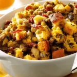 Hearty Bacon Sausage Stuffing in a white baking dish, rich with bread, meats, and fresh herbs, ready to serve.