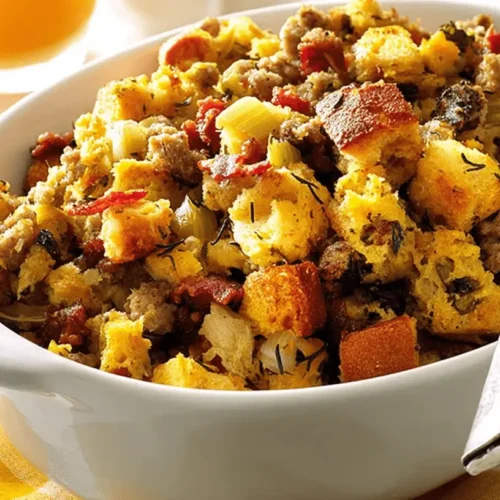 Hearty Bacon Sausage Stuffing in a white baking dish, rich with bread, meats, and fresh herbs, ready to serve.