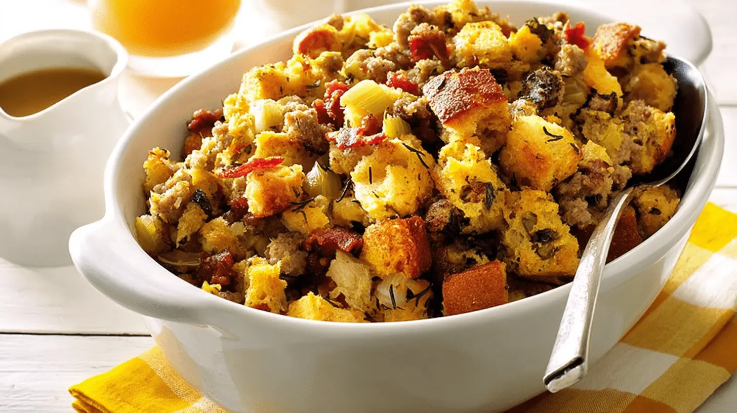 Hearty Bacon Sausage Stuffing in a white baking dish, rich with bread, meats, and fresh herbs, ready to serve.