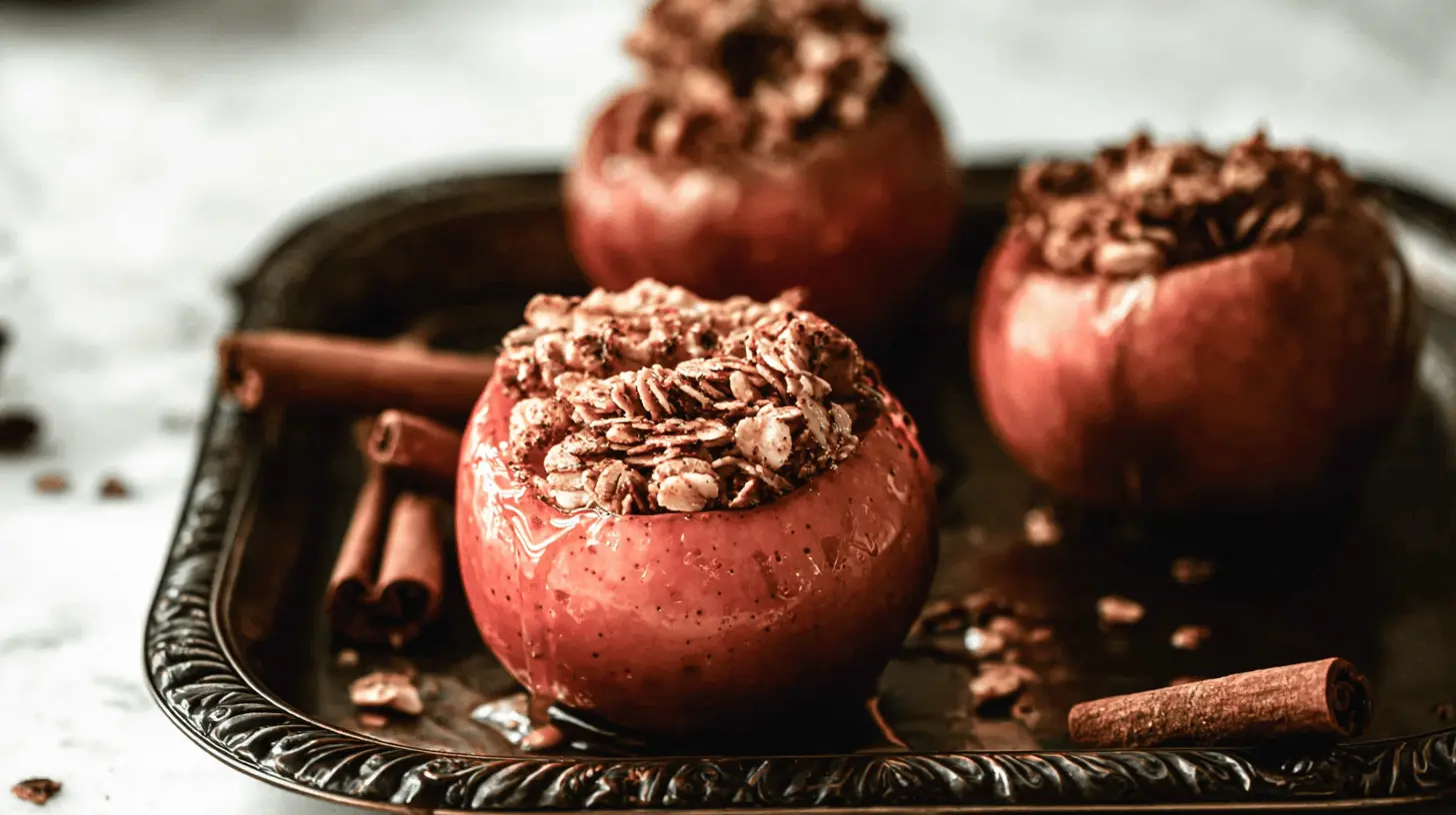 Warm baked apples, generously filled with cinnamon granola, glistening with syrup on an ornate dark tray.