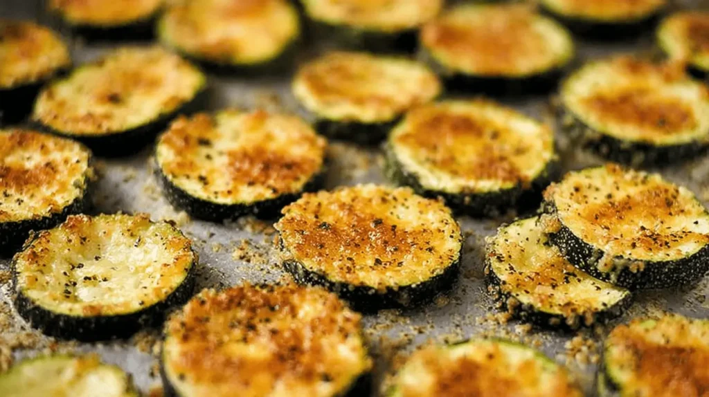 Close-up overhead view of golden-brown Baked Parmesan Zucchini slices on a baking sheet.