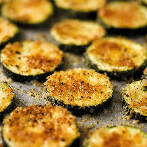 Close-up overhead view of golden-brown Baked Parmesan Zucchini slices on a baking sheet.