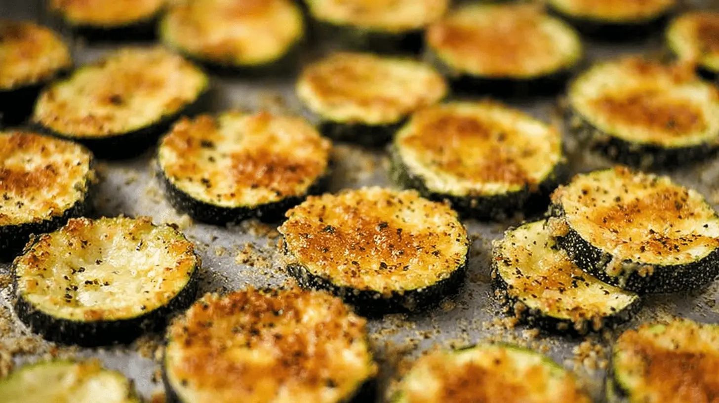 Close-up overhead view of golden-brown Baked Parmesan Zucchini slices on a baking sheet.