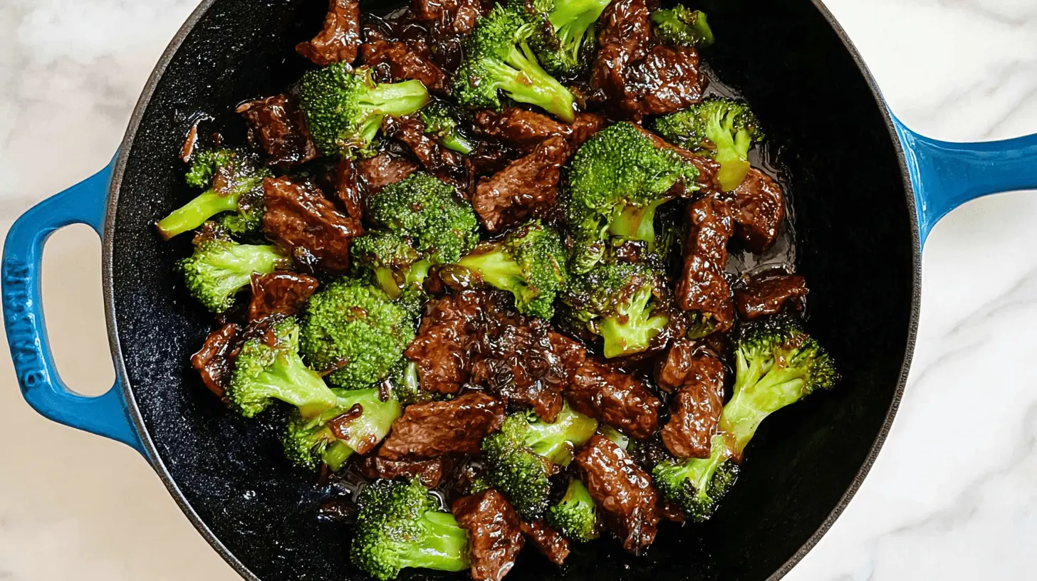Delicious beef and broccoli recipe stir-fry in a vibrant blue cast iron skillet, ready to serve.