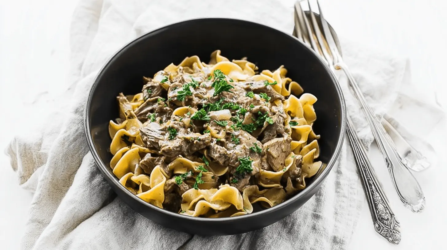 A beautifully plated bowl of creamy beef stroganoff with tender beef and egg noodles, garnished with fresh parsley, perfect for a classic beef stroganoff recipe.