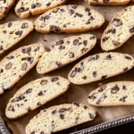 Close-up of golden-brown biscotti slices with chocolate and almonds on a baking sheet.