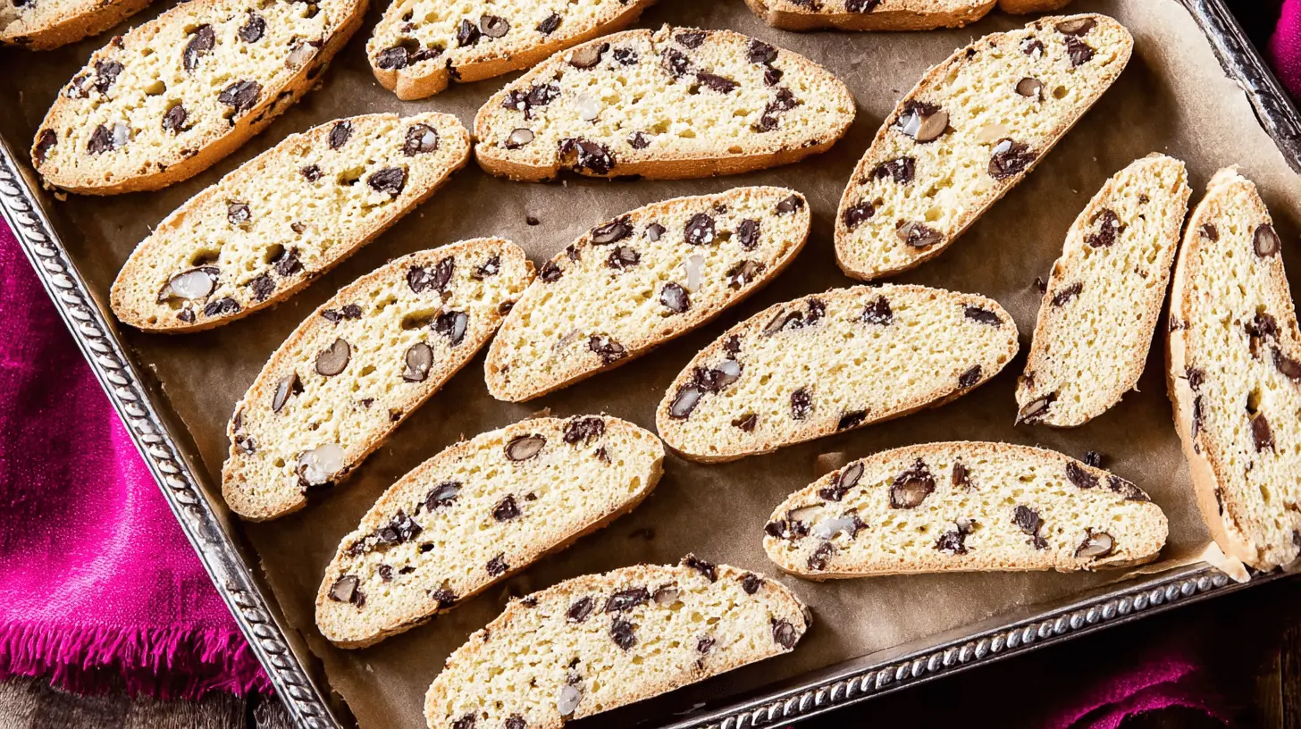 Close-up of golden-brown biscotti slices with chocolate and almonds on a baking sheet.