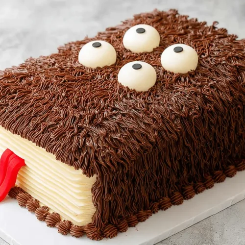 Highly detailed "Book of Monsters Cake" featuring shaggy chocolate fur, edible eyeballs, and a red fondant tongue.