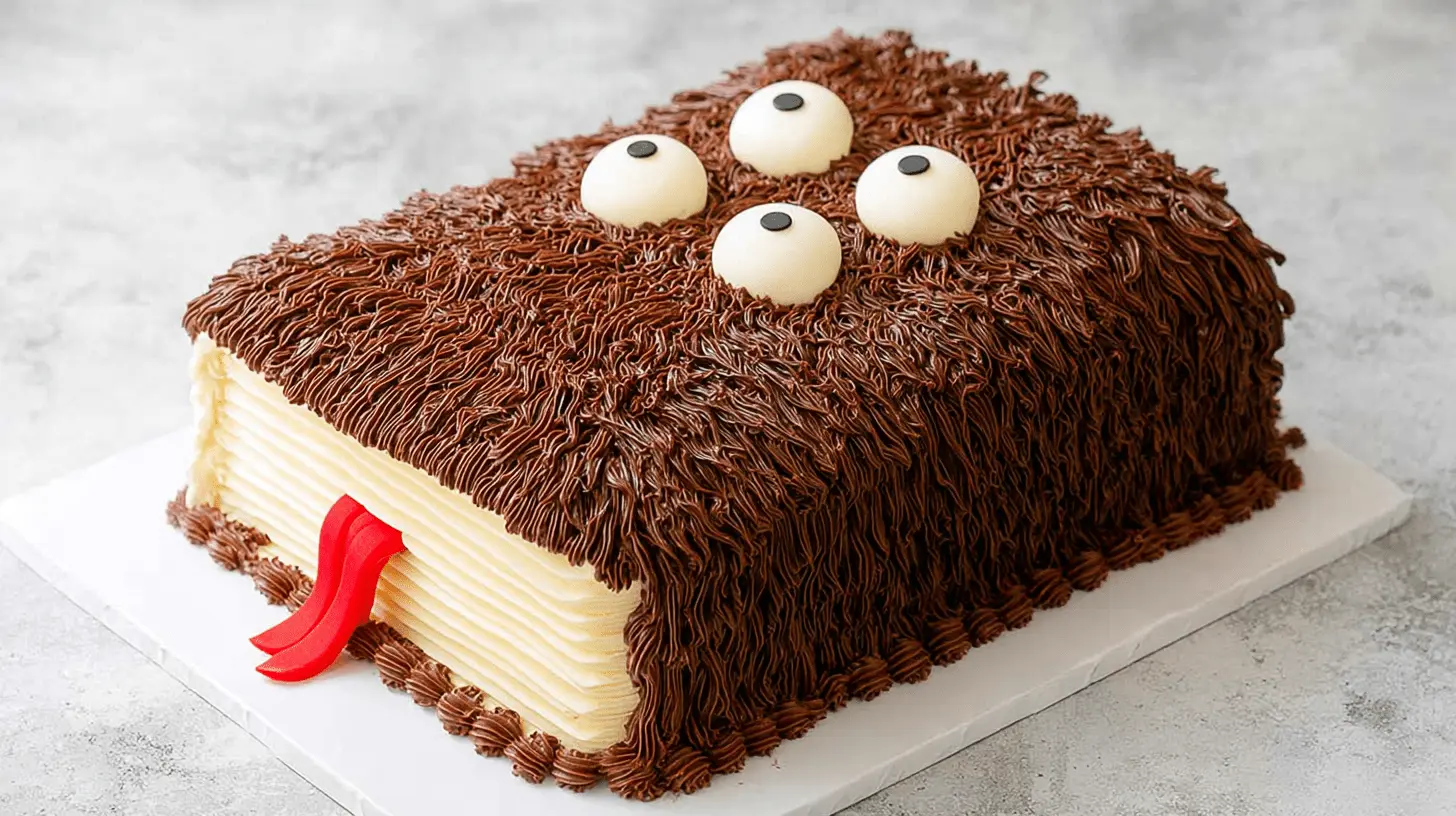 Highly detailed "Book of Monsters Cake" featuring shaggy chocolate fur, edible eyeballs, and a red fondant tongue.