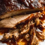 Close-up of tender, saucy brisket in slow cooker, pulled apart on parchment paper.
