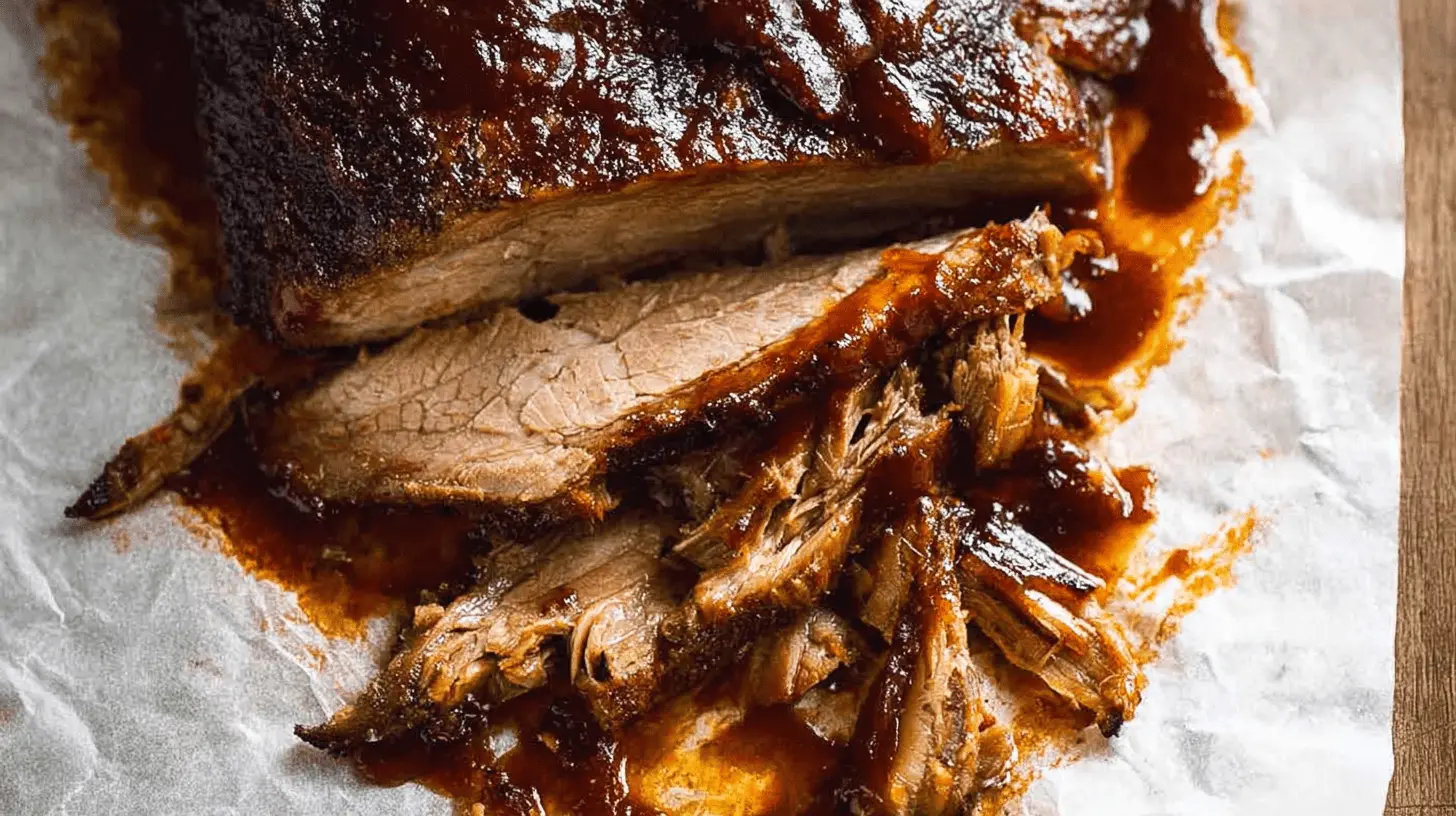 Close-up of tender, saucy brisket in slow cooker, pulled apart on parchment paper.
