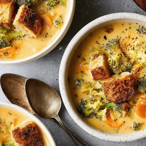 Three rustic bowls of creamy broccoli cheddar soup, garnished with croutons and pepper, seen from a top-down perspective.