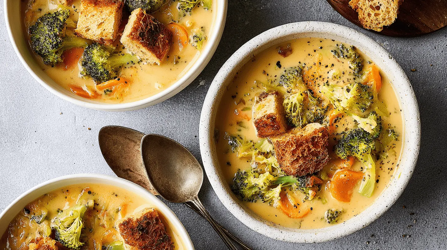 Three rustic bowls of creamy broccoli cheddar soup, garnished with croutons and pepper, seen from a top-down perspective.