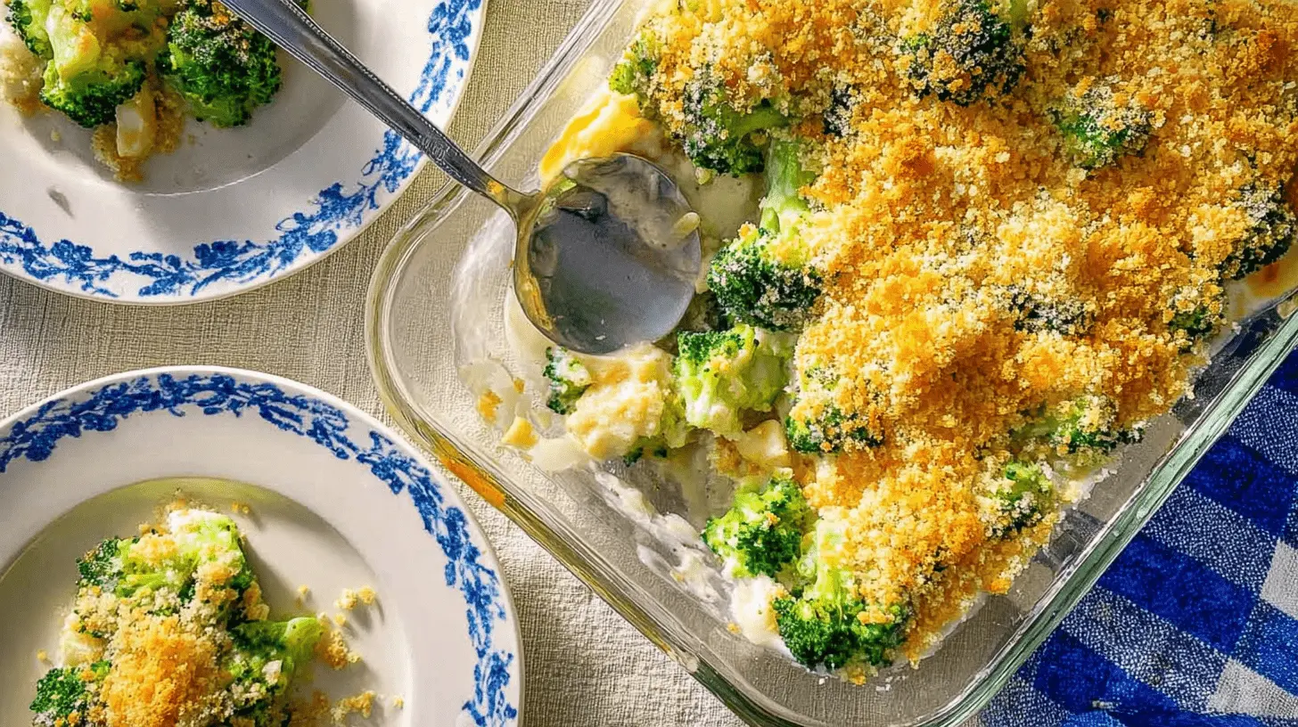 Overhead view of a freshly baked Broccoli Cheese Casserole with golden breadcrumbs, served alongside blue floral plates.