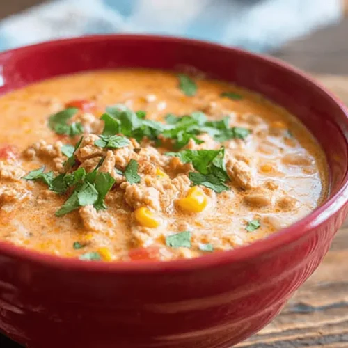 A vibrant red bowl of creamy Buffalo Chicken Chili, garnished with fresh green herbs, resting on a rustic wooden surface.