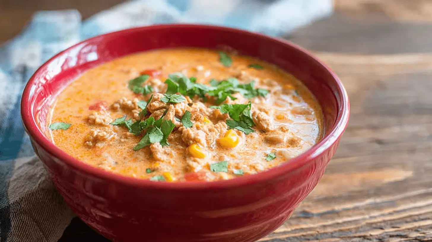 A vibrant red bowl of creamy Buffalo Chicken Chili, garnished with fresh green herbs, resting on a rustic wooden surface.
