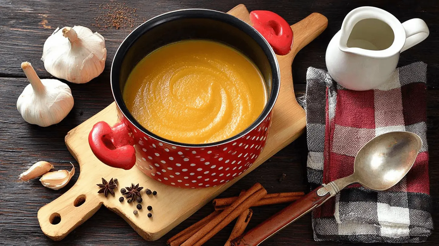 Rustic still life with a red pot of vibrant canned pumpkin soup, surrounded by garlic, star anise, and cinnamon sticks on a wooden board.