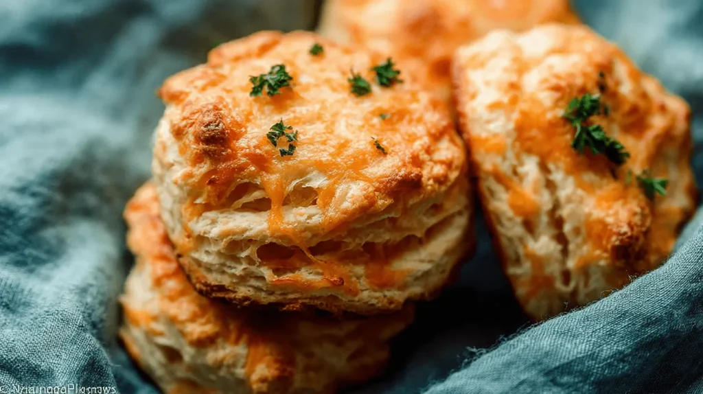 Close-up of golden-brown, cheesy Cheddar Biscuits with melted cheese and fresh herbs, nestled in a teal cloth.