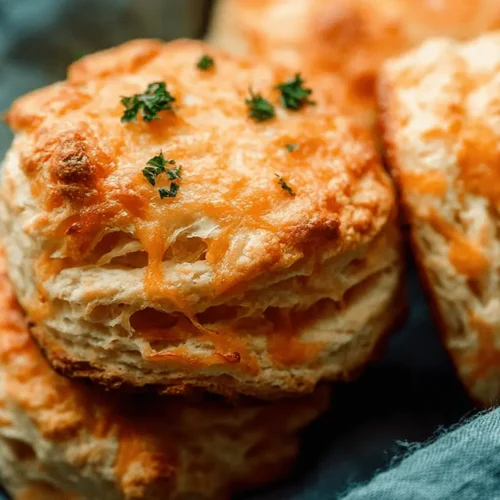 Close-up of golden-brown, cheesy Cheddar Biscuits with melted cheese and fresh herbs, nestled in a teal cloth.