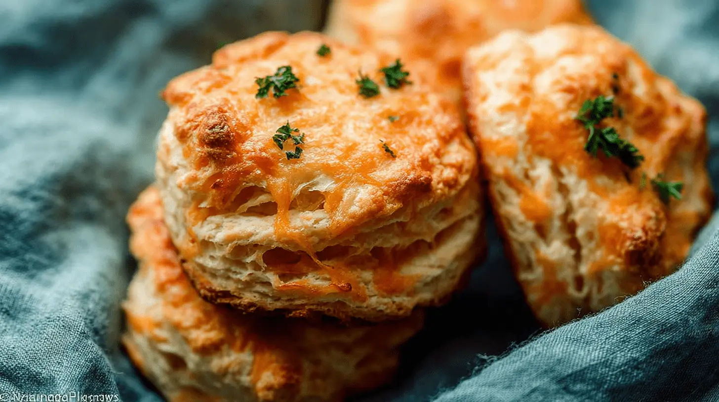 Close-up of golden-brown, cheesy Cheddar Biscuits with melted cheese and fresh herbs, nestled in a teal cloth.