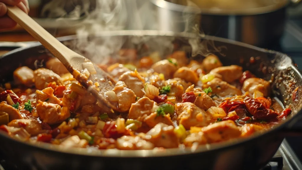 Close-up of browned chicken, garlic, onion, celery, and sun-dried tomatoes sizzling in a Dutch oven while being stirred with a wooden spatula.