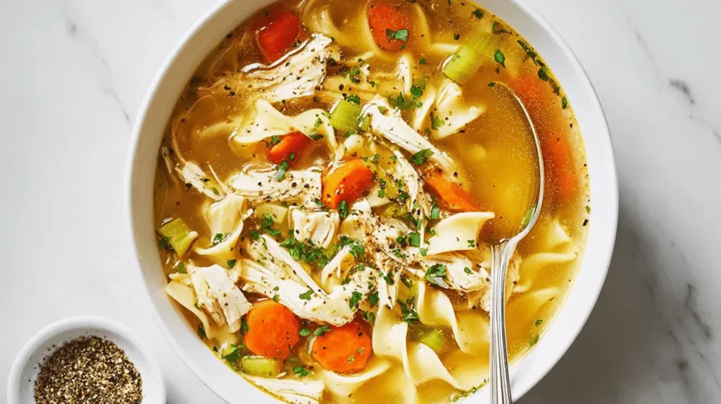 Hearty bowl of chicken noodle soup with tender chicken, noodles, and vegetables, perfect for a comforting chicken noodle soup recipe.
