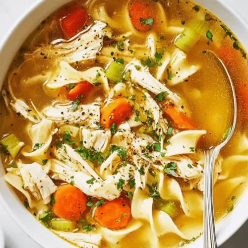 Hearty bowl of chicken noodle soup with tender chicken, noodles, and vegetables, perfect for a comforting chicken noodle soup recipe.