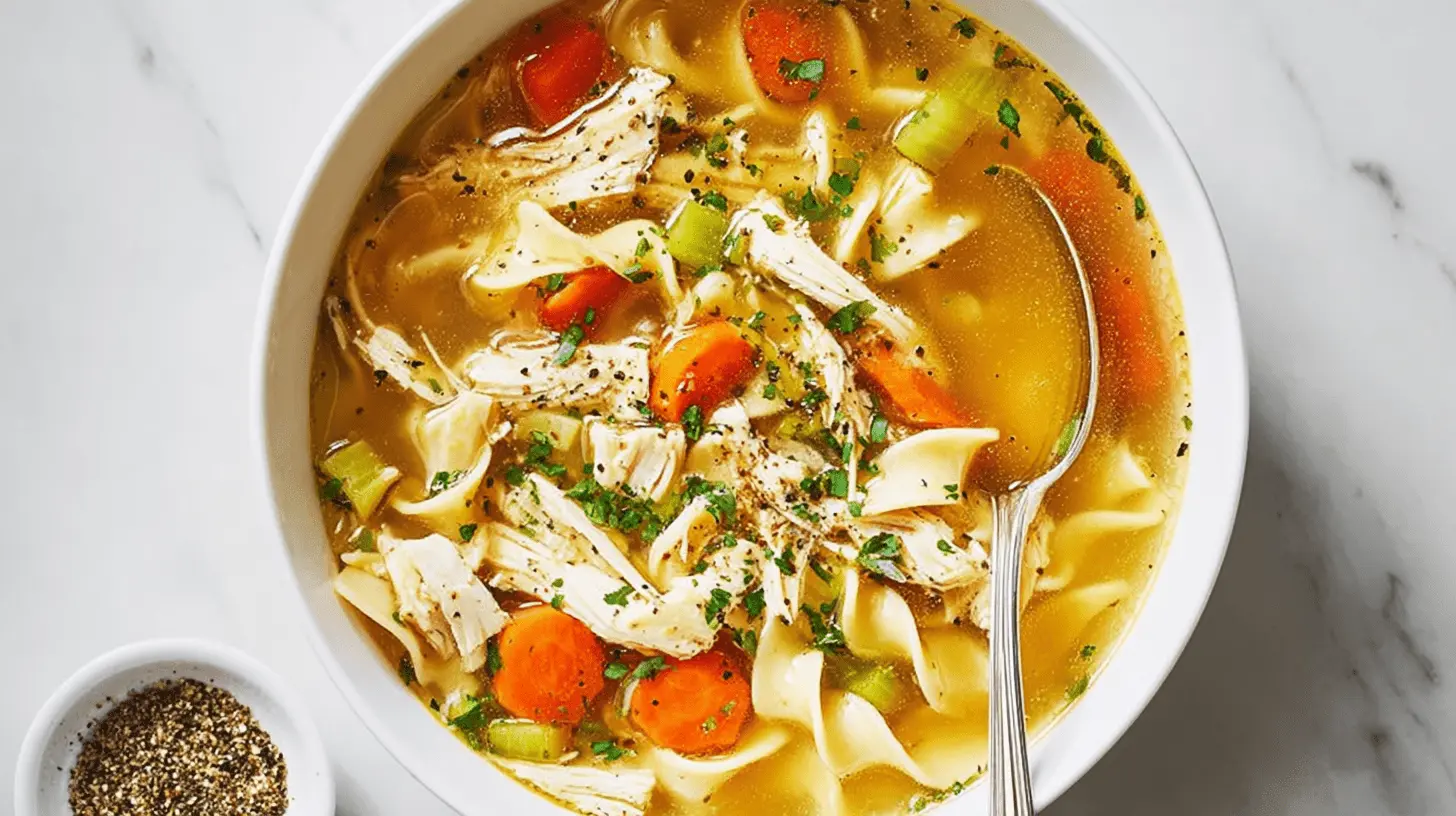 Hearty bowl of chicken noodle soup with tender chicken, noodles, and vegetables, perfect for a comforting chicken noodle soup recipe.