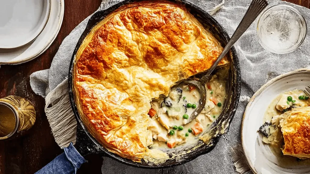 Overhead view of a hearty golden-crusted chicken pot pie in a cast-iron skillet, showcasing a delicious chicken pot pie recipe.