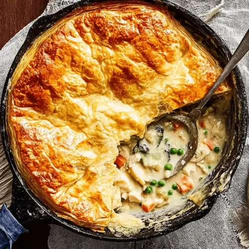 Overhead view of a hearty golden-crusted chicken pot pie in a cast-iron skillet, showcasing a delicious chicken pot pie recipe.