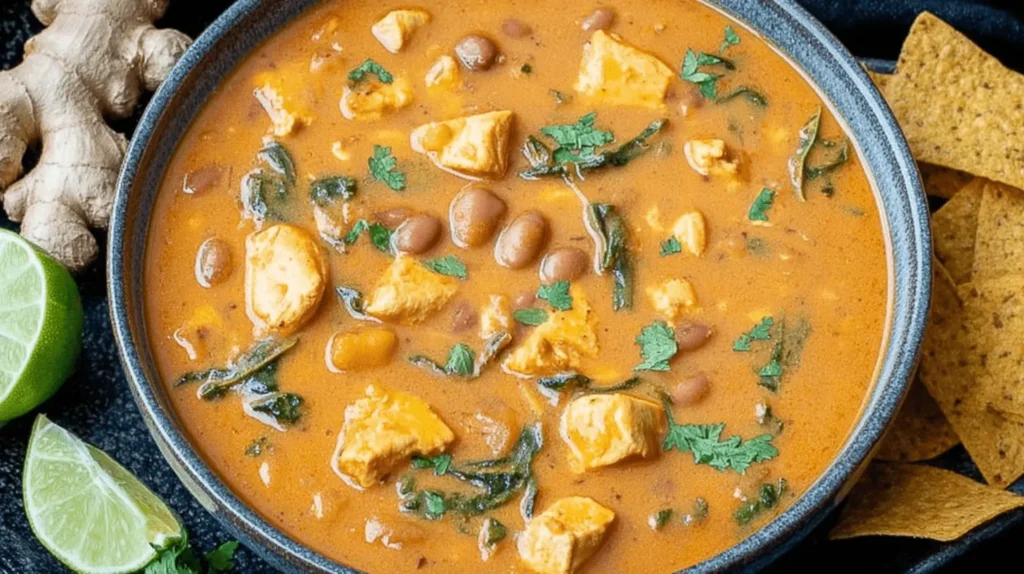 Overhead view of a vibrant bowl of chicken pumpkin soup garnished with fresh herbs, accompanied by lime, ginger, and tortilla chips on a dark background.