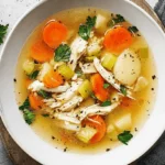 Overhead view of a delicious homemade chicken soup with vegetables and parsley in a white bowl on a rustic wooden board.