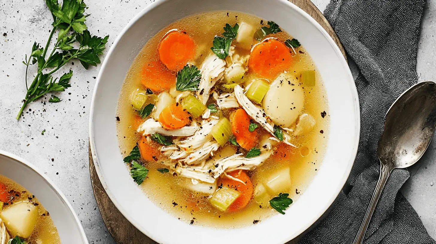 Overhead view of a delicious homemade chicken soup with vegetables and parsley in a white bowl on a rustic wooden board.