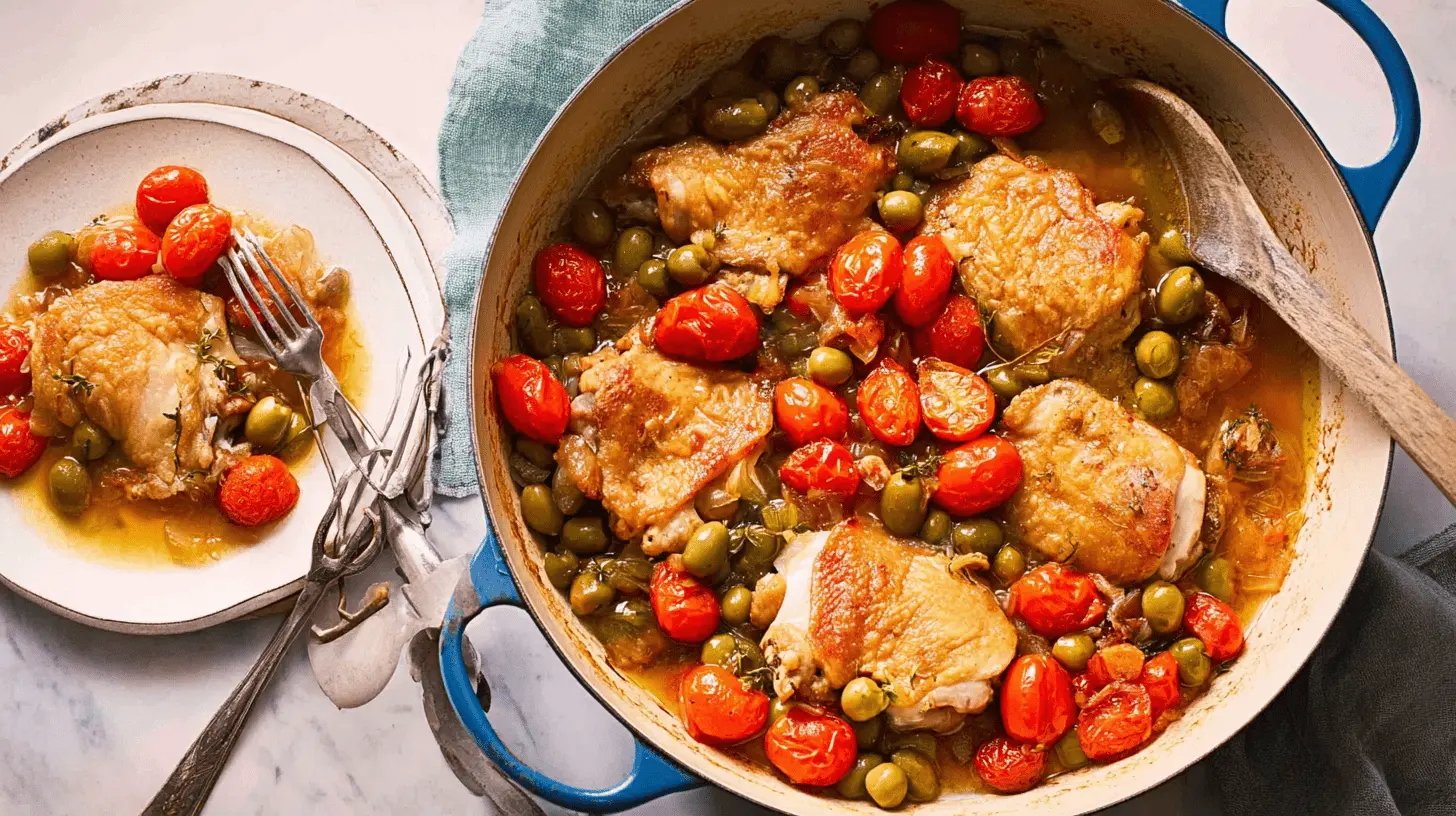 Rustic chicken thigh recipe served in a Dutch oven and on a plate with tomatoes and olives.
