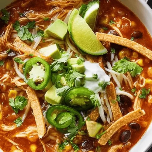 A vibrant close-up of a hearty bowl of chicken tortilla soup, garnished with fresh avocado, lime, cilantro, and crispy tortilla strips.