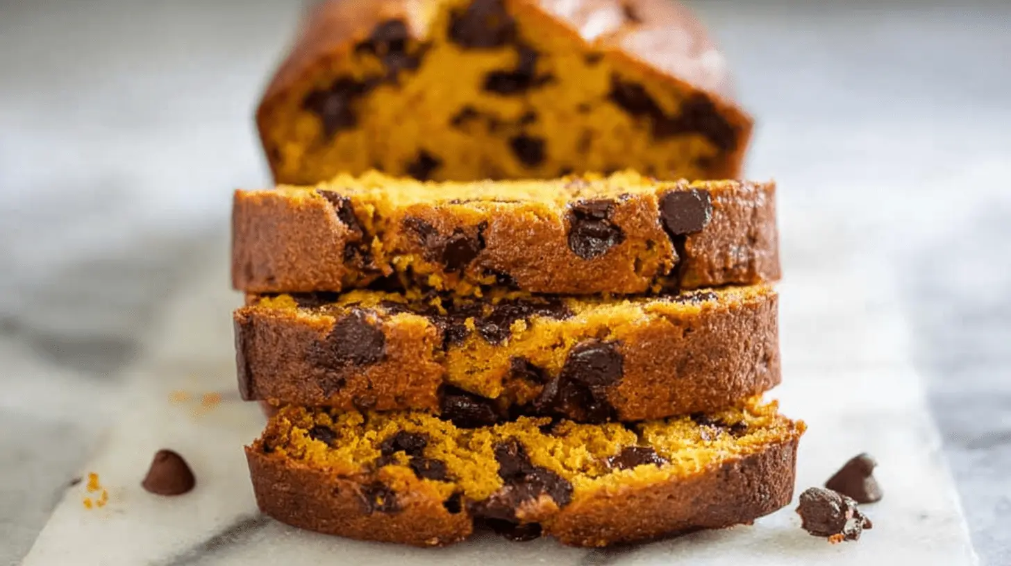 A stack of three moist slices of golden chocolate chip pumpkin bread on a marble surface, with a blurred loaf in the background.