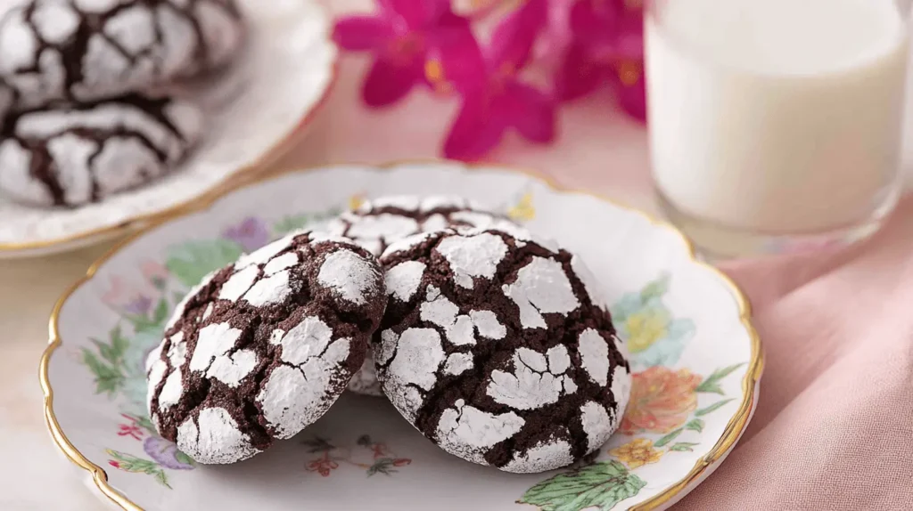 Three chocolate crinkle cookies dusted with powdered sugar on a floral plate, with milk in the background, exuding a warm and cozy aesthetic.