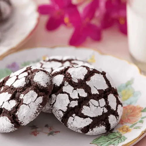 Three chocolate crinkle cookies dusted with powdered sugar on a floral plate, with milk in the background, exuding a warm and cozy aesthetic.