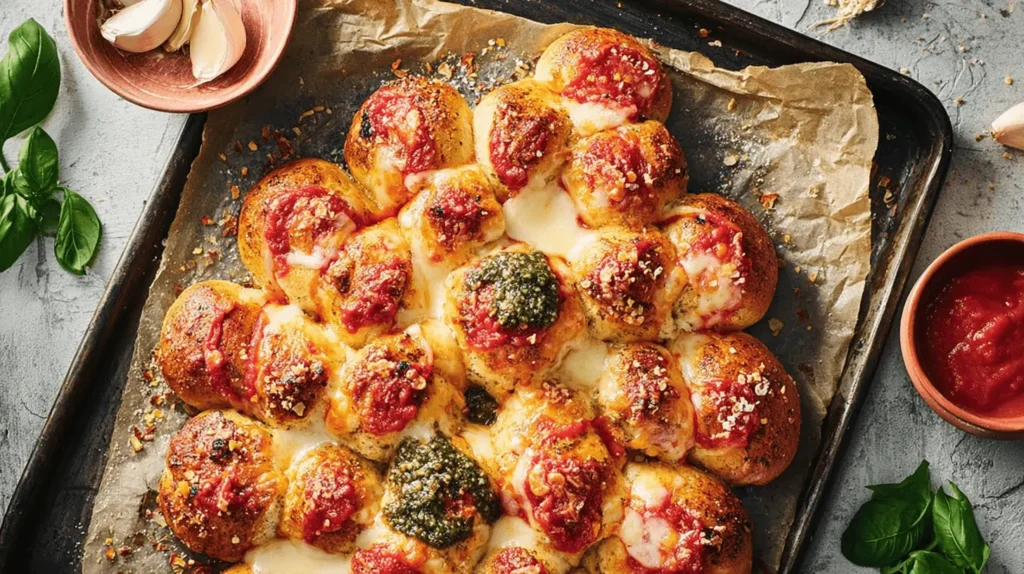 A freshly baked pull-apart Christmas Tree Bread, topped with marinara, melted cheese, and pesto, served on a baking sheet with garlic and basil.