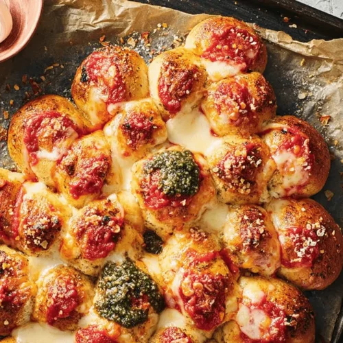 A freshly baked pull-apart Christmas Tree Bread, topped with marinara, melted cheese, and pesto, served on a baking sheet with garlic and basil.