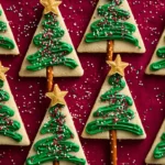 Eight festive Christmas Tree Cookies with green icing, sprinkles, and pretzel trunks on a red background.