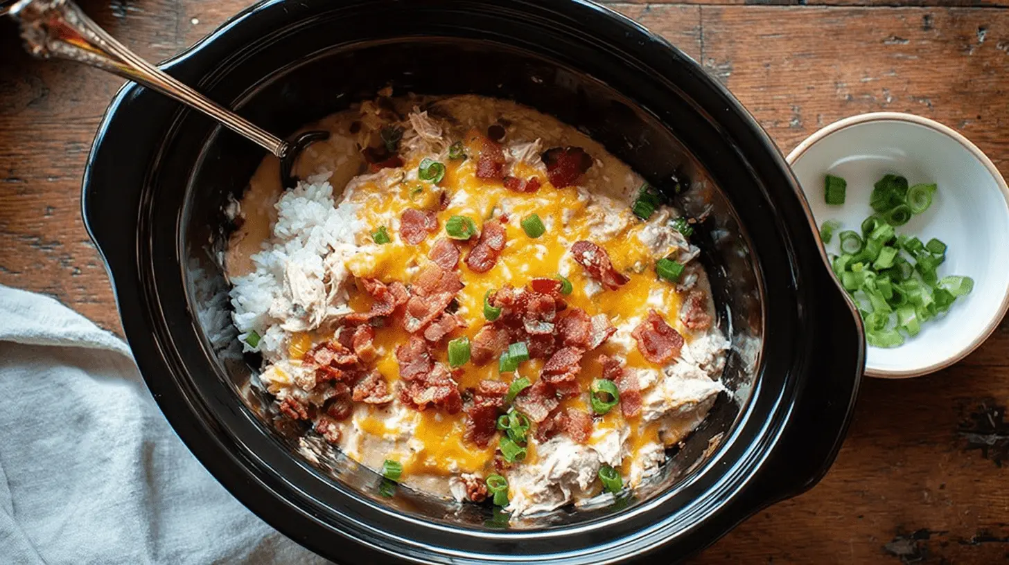 Overhead view of a creamy, cheesy crack chicken recipe with bacon and scallions served in a slow cooker.