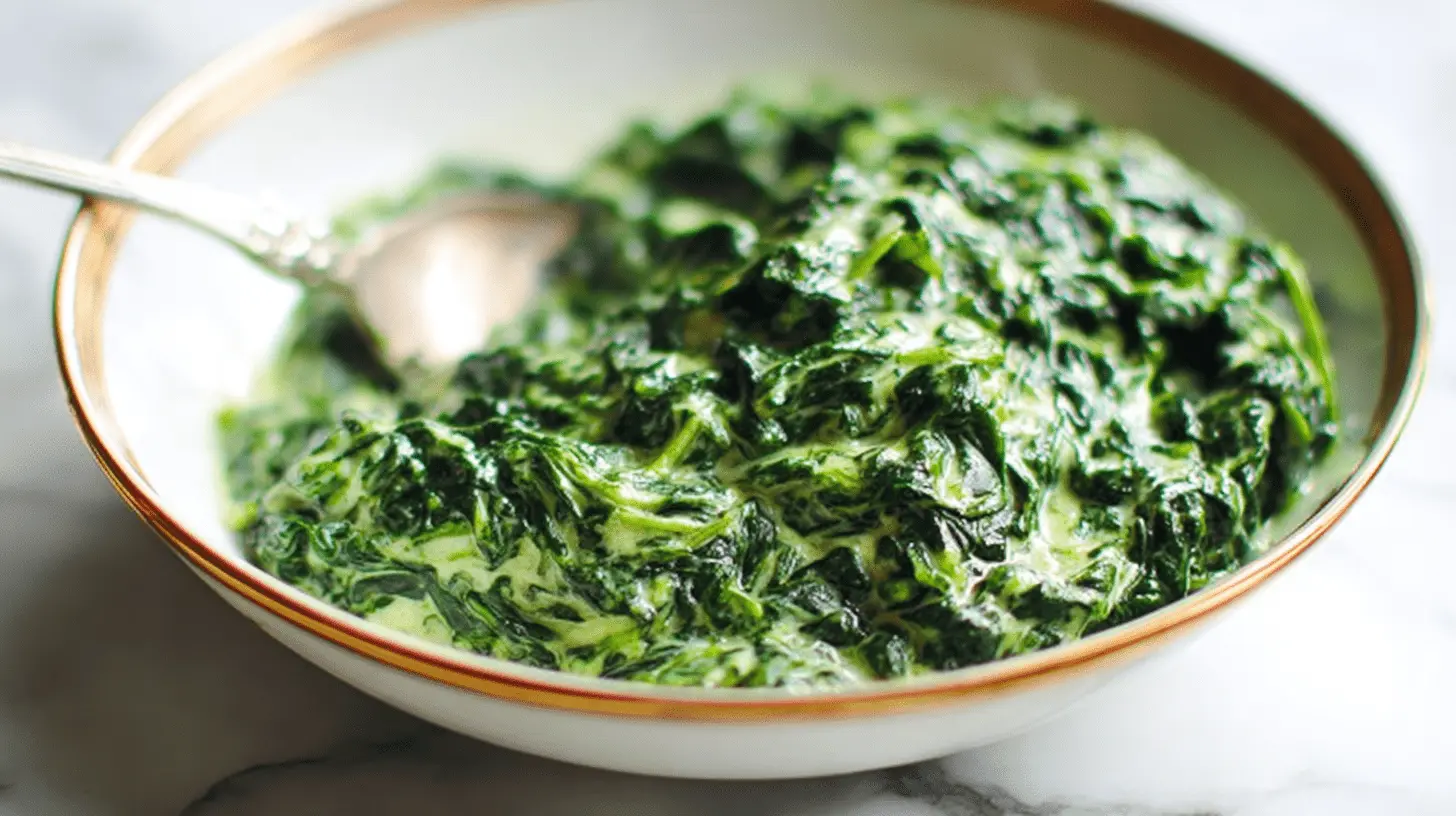Appetizing close-up of classic Creamed Spinach served in an elegant white and gold-rimmed bowl with a silver spoon.